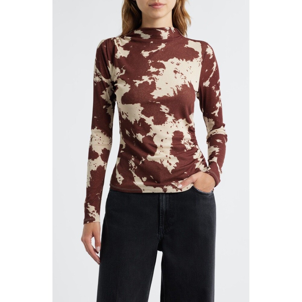 Rails Joelle Women’s Cow Print Ruched Funnel Neck Knit Top Cowgirl Size XS NWT